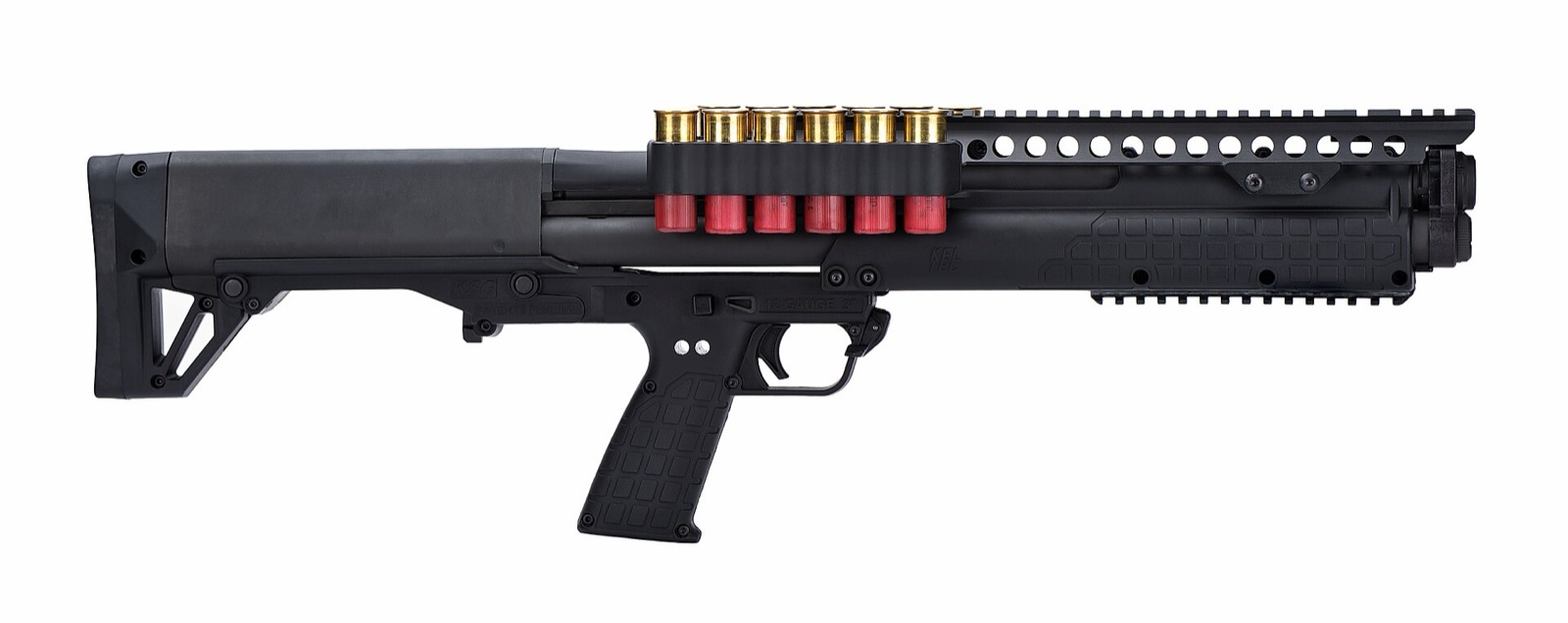 A real KelTec KSG bullpup shotgun fitted with a side shell holder.
