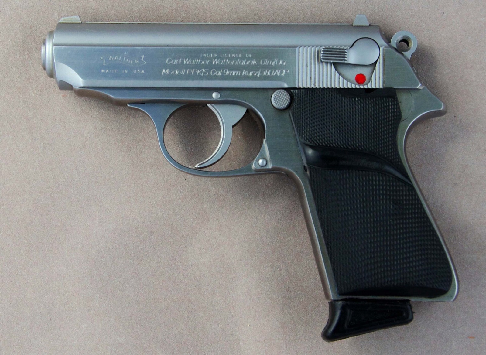 A real Walther PPK/S pistol in stainless finish.